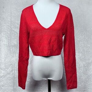 BCBG Maxazaria Alexa‎ Crop Sweater Knit Top Women’s Lg. Long Sleeve V-neck Lined